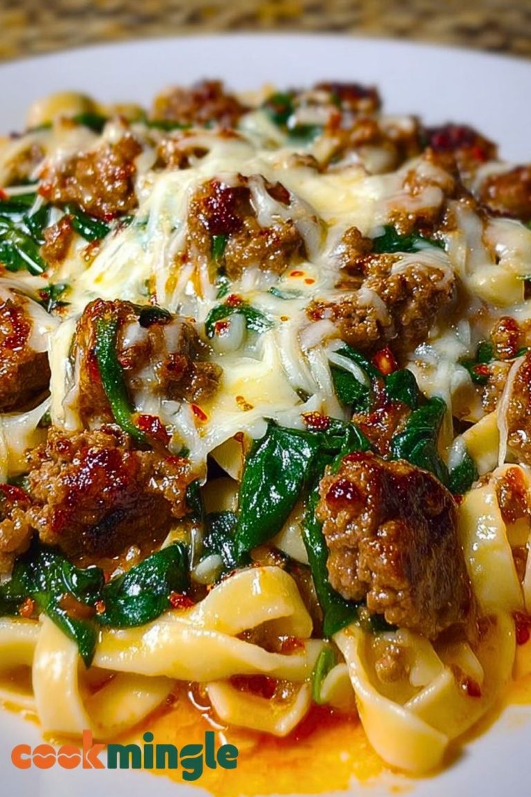 Cheesy Garlic Butter Linguine with Beef, Sausage and Spinach