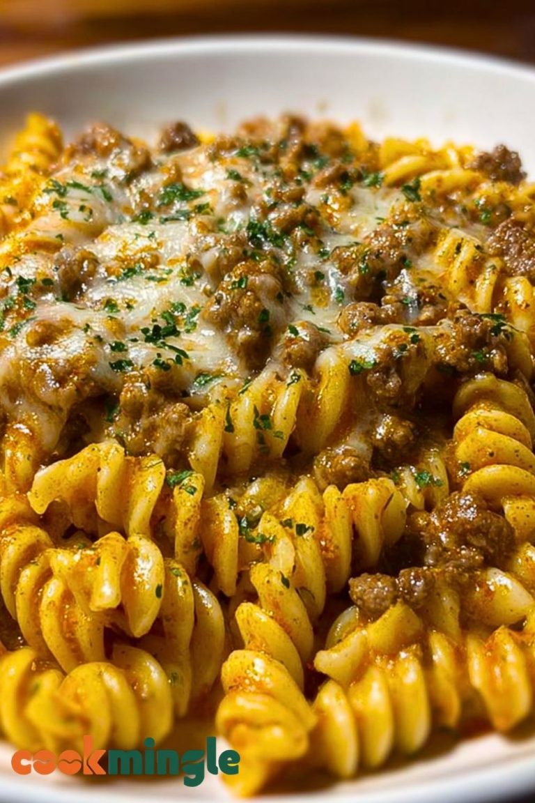 Cheesy Rotini Pasta with Garlic Butter Sauce and Ground Beef