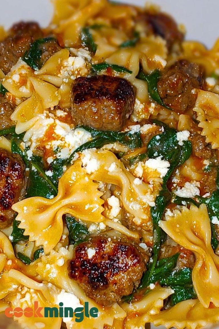 Creamy Garlic Butter Beef Bowtie Pasta with Italian Sausage & Spinach