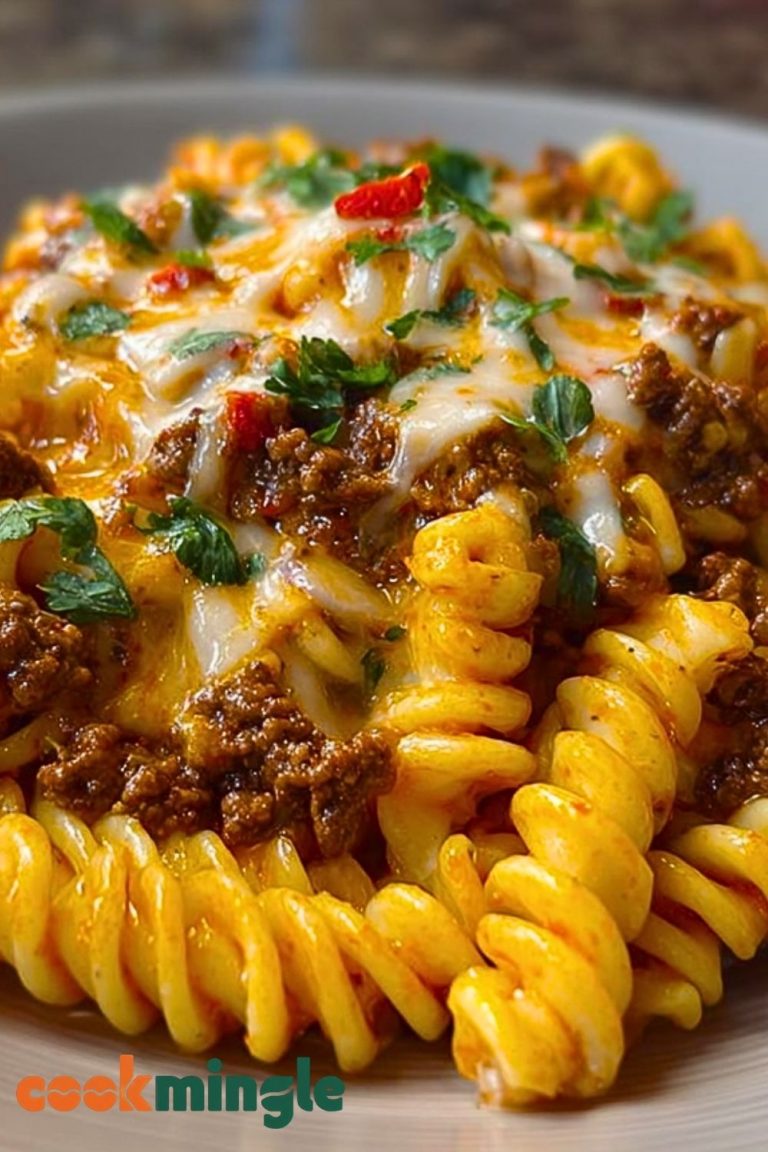 Creamy Mozzarella Rotini with Spicy Cajun Beef and Velveeta Sauce