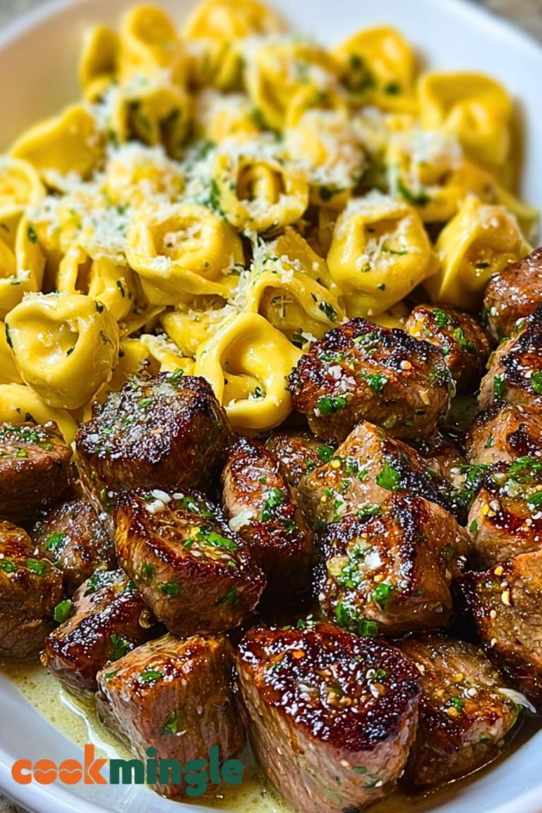 Garlic Butter Steak Bites with Creamy Parmesan Tortellini and Garlic Sauce