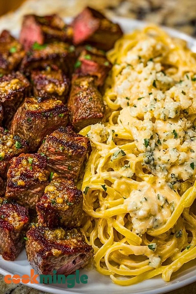 Garlic Butter Steak with Cheesy Linguine in Four-Cheese Sauce