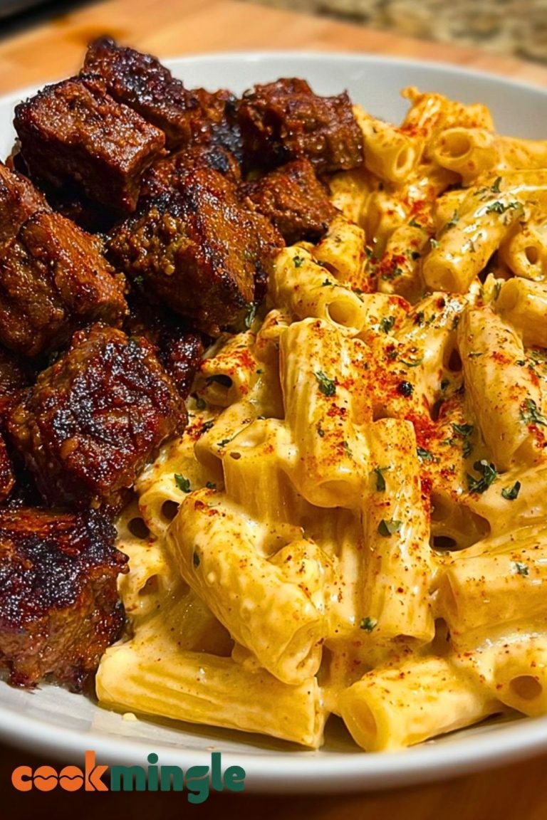 Penne with Creamy Velveeta Four-Cheese and Cajun Beef Bites