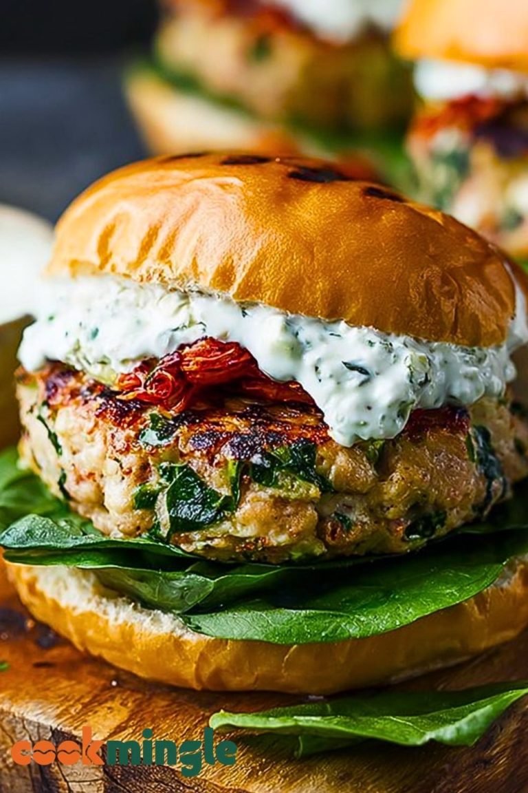 Sun-Dried Tomato and Feta Spinach Burgers with Tzatziki Sauce Recipe